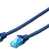 DIGITUS CAT 5e U-UTP Patchk. Cu, PVC AWG 26/7, 0,5 m, BL Die DIGITUS Patchkabel wurden speziell entwickelt um allen Ansprüchen in den verschiedenen Anwendungsbereichen in vollem Umfang gerecht zu werden. Jedes Kabel ist mit einer angespritzten Knickschutztülle mit Zugentlastung ausgestattet. Außerdem besitzt die Tülle einen Rasthebelschutz, welcher das Verhaken der Kabel sowie das Abbrechen des Rasthebels vom Stecker verhindert. Eine einfache Identifizierung der Kategorie 5e wird durch die blaue Einfärbung der Stecker ermöglicht.