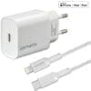 4smarts Schnelllade-Set 20W mit 1,5m Lightning Kabel f. iPhone Lädt dein Smartphone, Tablet oder mobiles Zubehör in Höchstgeschwindigkeit mit satten 20 Watt Ausgangsleistung. Der integrierte Power Delivery Chip passt besonders gut zu der aktuellen Generation von Smartphones und lädt diese schnell und effizient auf. Sobald deine Geräte aufgeladen sind, wird der Ladevorgang beendet. Das verringert den Energieverbrauch. 4smarts versucht den CO2-Fußabdruck so gering wie möglich zu halten und schon bei der Produktion die Verwendung von umweltschädlichen Stoffen einzuschränken. Deswegen wurde das Gehäuse des VoltPlug PD aus recycelten Flaschen hergestellt. Mit einem Gewicht von nicht mal 50 g und einer Größe von nur 82 x 41 x 26 mm, findet er problemlos Platz in jeder Reisetasche und ist damit der ideale Begleiter für deine nächste Urlaubsreise. Trotz der hohen Ladegeschwindigkeit legt 4smarts höchste Priorität auf Sicherheit: Zertifiziert gegen Überspannung, Überhitzung und sowie eine intelligente Ladeabschaltung erhöhen die Lebensdauer deines Akkus.
