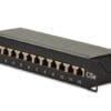 DIGITUS CAT 5e,Klasse D Patch Panel,12 port, geschirmt, sw Die CAT 5e Patch Panel für 254 mm (10 Zoll) Rackmontage von DIGITUS sind geprüft und zertifiziert nach ISO/IEC 11801 und EN 50173. Kabelinstallation erfolgt über die LSA-Leisten, welche nach EIA/TIA 568B farbcodiert sind. Das Gehäuse besteht aus galvanisiertem kaltgewalztem Stahl gem. EN1.4301, UNS S30400, AISI 304 und LMSAD110.