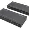 DIGITUS 4K HDBaseT™ HDMI KVM Extender Set, 150 m Das HDBaseT HDMI KVM Extender Set ermöglicht die unkomprimierte und hochauflösende AV-Signalübertragung über große Distanzen über ein CAT6 (oder höher) Netzwerkkabel. Die maximale Übertragungsdistanz liegt bei 150 m. Dank PoC muss nur eine Einheit mit einem externen Netzteil mit Strom versorgt werden. Die Empfängereinheit verfügt über zwei USB (1.1) Anschlüsse zum Anschluss von Maus & Tastur zur Steuerung der Signalquelle bequem vom Ausgabedisplay. Bi-direktionale IR-Übertragung gehört ebenfalls zum Leistungsumfang.