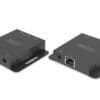 DIGITUS 4K HDMI Extender Set, 70 m Das HDBaseT HDMI KVM Extender Set ermöglicht die unkomprimierte und hochauflösende AV-Signalübertragung über große Distanzen über ein CAT6 (oder höher) Netzwerkkabel. Die maximale Übertragungsdistanz liegt bei 150 m. Dank PoC muss nur eine Einheit mit einem externen Netzteil mit Strom versorgt werden. Die Empfängereinheit verfügt über zwei USB (1.1) Anschlüsse zum Anschluss von Maus & Tastur zur Steuerung der Signalquelle bequem vom Ausgabedisplay. Bi-direktionale IR-Übertragung gehört ebenfalls zum Leistungsumfang.