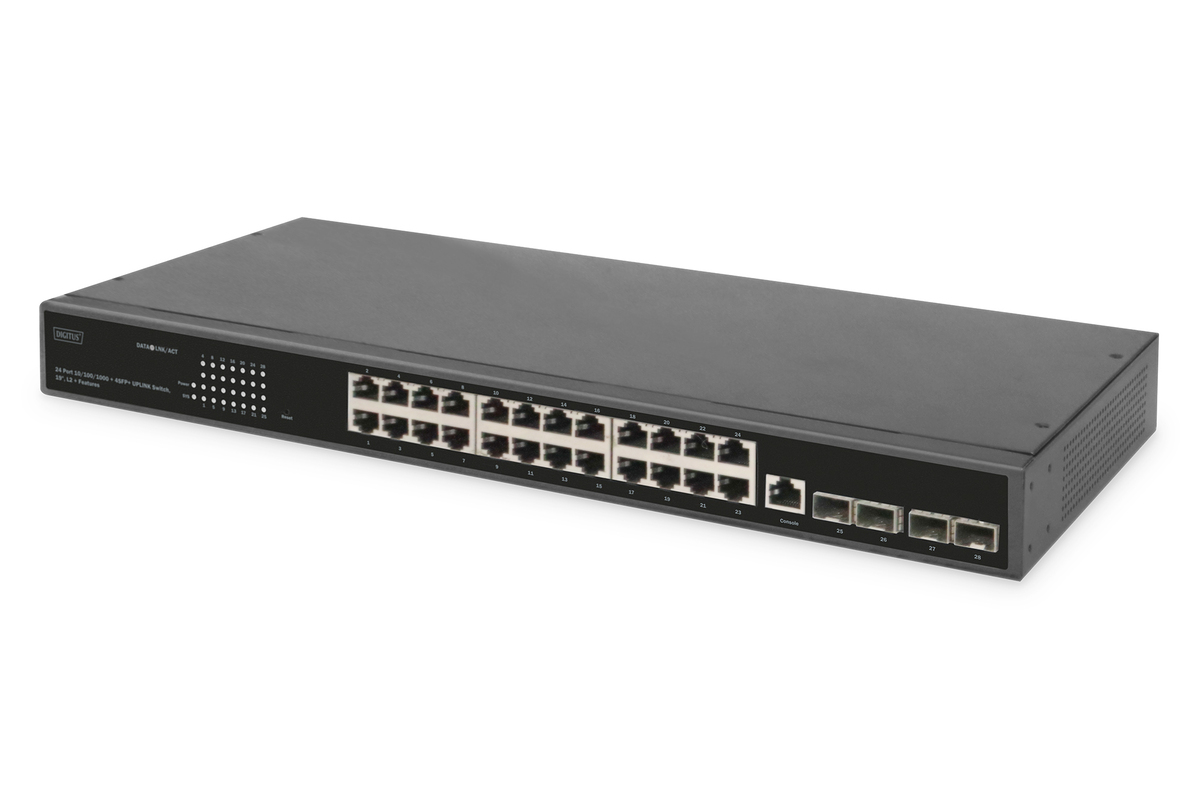 DIGITUS 24 Port 10/100/1000 + 4SFP+ UPLINK Switch, 19" DIGITUS 24 Port 10/100/1000 + 4SFP+ UPLINK Switch, 19"