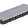 DIGITUS USB-C Docking Station, 13-Port, HDMI, USB, RJ45, SD Erweitern Sie Ihren Arbeitsplatz mit der USB-C Docking Station von DIGITUS. Erweitern Sie Ihren Bildschirm um drei externe Monitore dank der 2x HDMI Ports und 1x DP Port. Die Docking Station unterstützt sowohl den Dual Monitor Modus (2x 4K/60 Hz) als auch den Triple Monitor Modus (3x 4K/60 Hz) im SST Modus (Bildschirm spiegeln) sowie (1x 4K/60 Hz + 2x 4K/30 Hz) im MST Modus (Bildschirm erweitern). Nutzen Sie die 2x USB-A 3.2 Gen 2 Anschlüsse (10 Gbit/s) für ultraschnelle Datenübertragungen, wobei ein Port zusätzlich eine 1,5 A Ladefunktion für Mobilgeräte bietet. Der USB-C 3.2 Gen 2 Anschluss (10 Gbit/s) sorgt für erweiterte Konnektivität, während der Gigabit Ethernet Anschluss (RJ45) eine stabile Netzwerkverbindung ermöglicht. Zwei Kartenleser (SD/MicroSD) bieten eine Übertragungsgeschwindigkeit von 104 MBit/s. Der DC-Jack lädt Ihr Notebook mithilfe eines leistungsstarken Netzteils, und der 3.5 mm Audio Jack rundet die Ausstattung ab. Ein reversibles 100 cm USB-C Anschlusskabel sorgt für eine flexible Verbindung zum Host. Die Docking Station unterstützt zudem DP 1.4 Alt Mode und HDR.