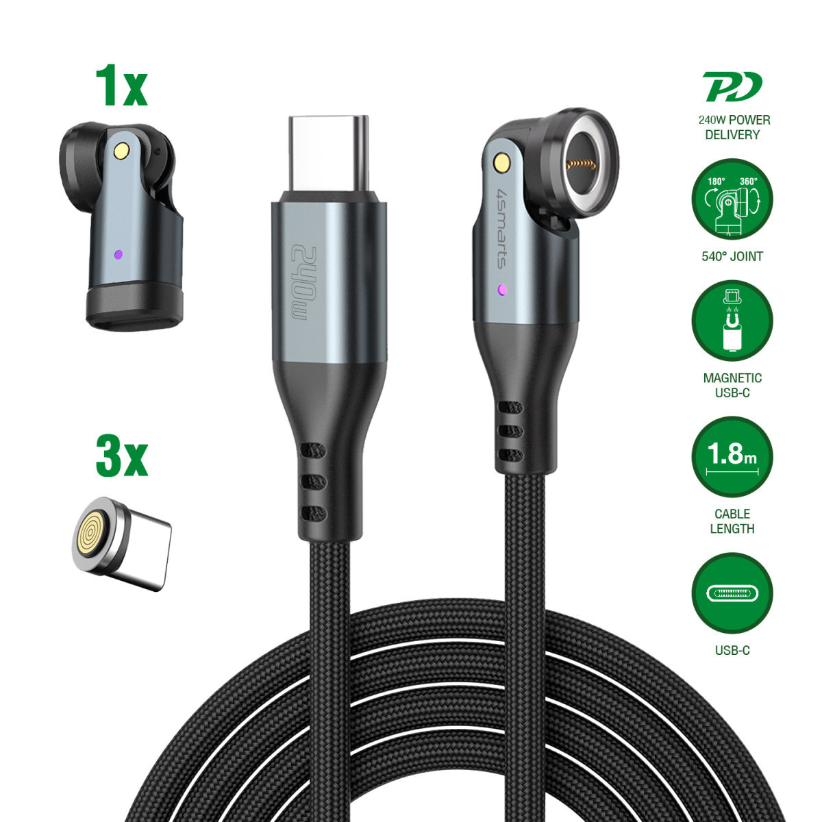 4smarts USB-C 540° Magnetkabel-Set GravityCord 240W 1,8m 4smarts USB-C 540° Magnetkabel-Set GravityCord 240W 1,8m
