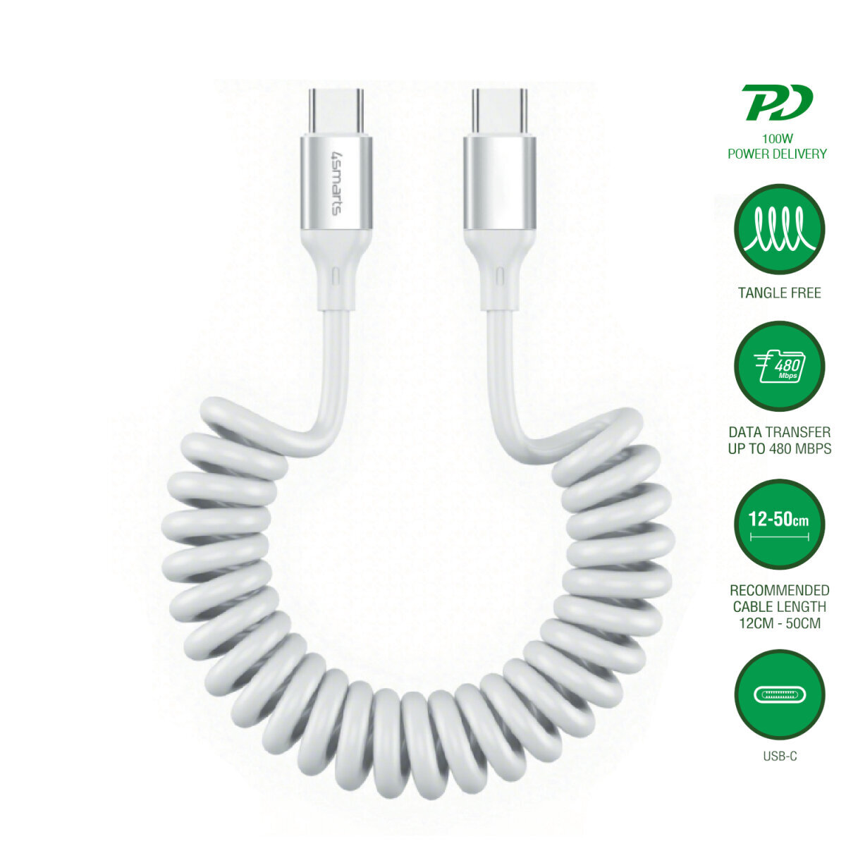 4smarts USB-C Spiralkabel 100W, weiß 4smarts USB-C Spiralkabel 100W, weiß