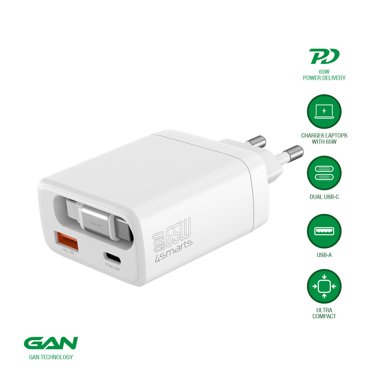 4smarts Netzladegerät PDPlug Slim 65W GaN Jojo, weiß 4smarts Netzladegerät PDPlug Slim 65W GaN Jojo, weiß