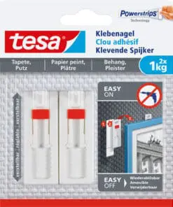 tesa Klebenagel, 2 Stück, für Tapeten und Putz, bis zu 1kg pro Nagel, verstellbar, weiß