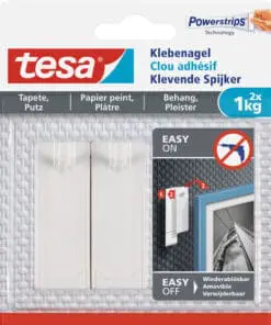 tesa Klebenagel, 2 Stück, für Tapeten und Putz, bis zu 1kg pro Nagel, weiß