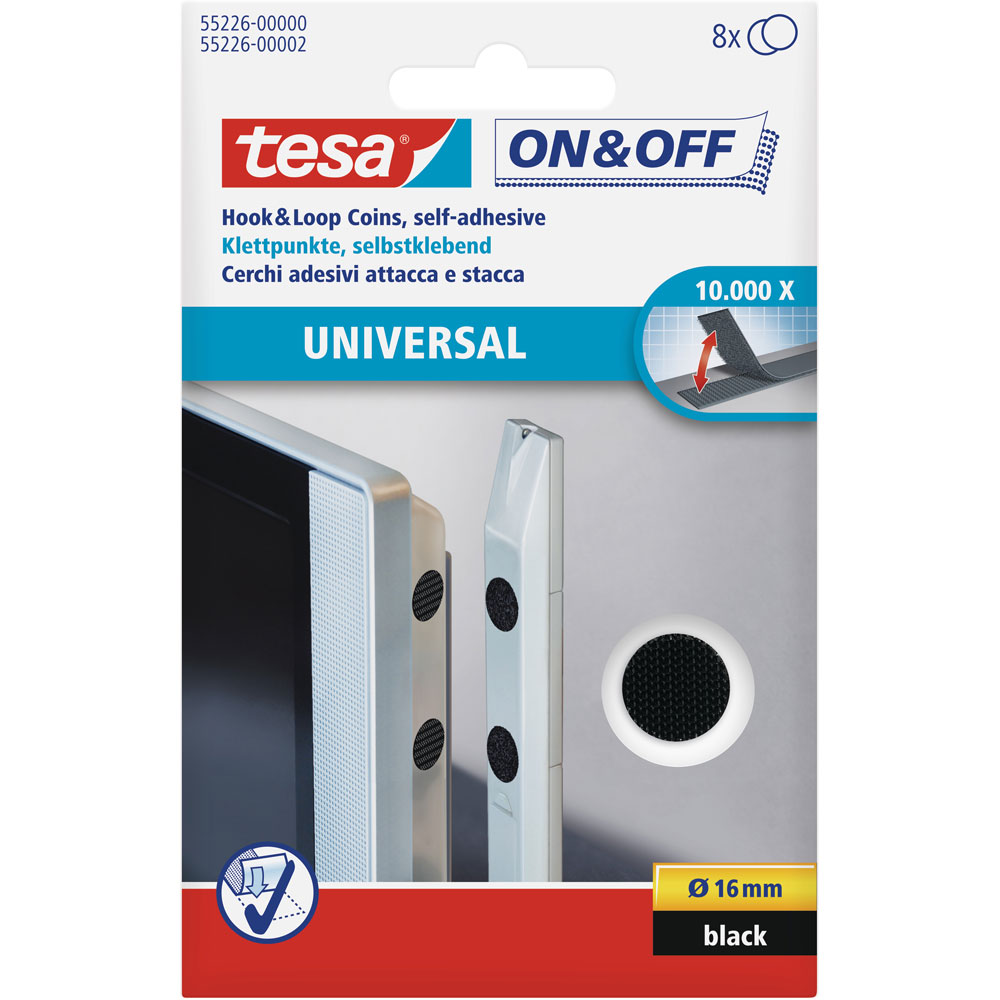 tesa On- & Off-Klettpunkte zum Aufkleben, 8er-Pack (Ø16mm), schwarz, schwarz tesa On- & Off-Klettpunkte zum Aufkleben, 8er-Pack (Ø16mm), schwarz, schwarz