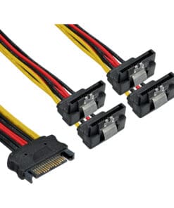 InLine® SATA Strom-Y-Kabel, SATA Buchse an 4x SATA Stecker gewinkelt, mit Sicherheitslaschen, 0,3m