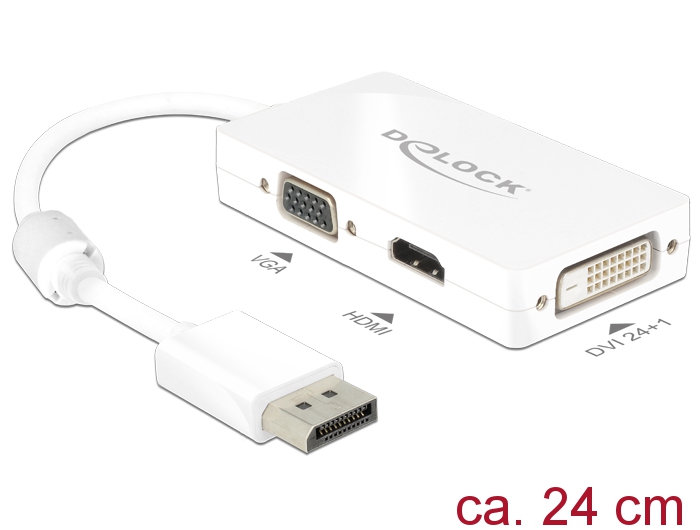 Delock Adapter Displayport 1.1 Stecker > VGA / HDMI / DVI Buchse Passiv weiß Delock Adapter Displayport 1.1 Stecker > VGA / HDMI / DVI Buchse Passiv weiß
