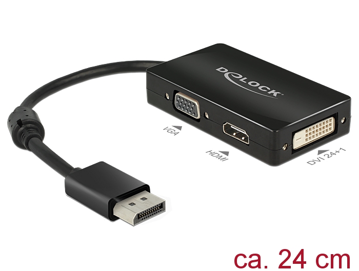 Delock Adapter Displayport 1.1 Stecker > VGA / HDMI / DVI Buchse Passiv schwarz Delock Adapter Displayport 1.1 Stecker > VGA / HDMI / DVI Buchse Passiv schwarz