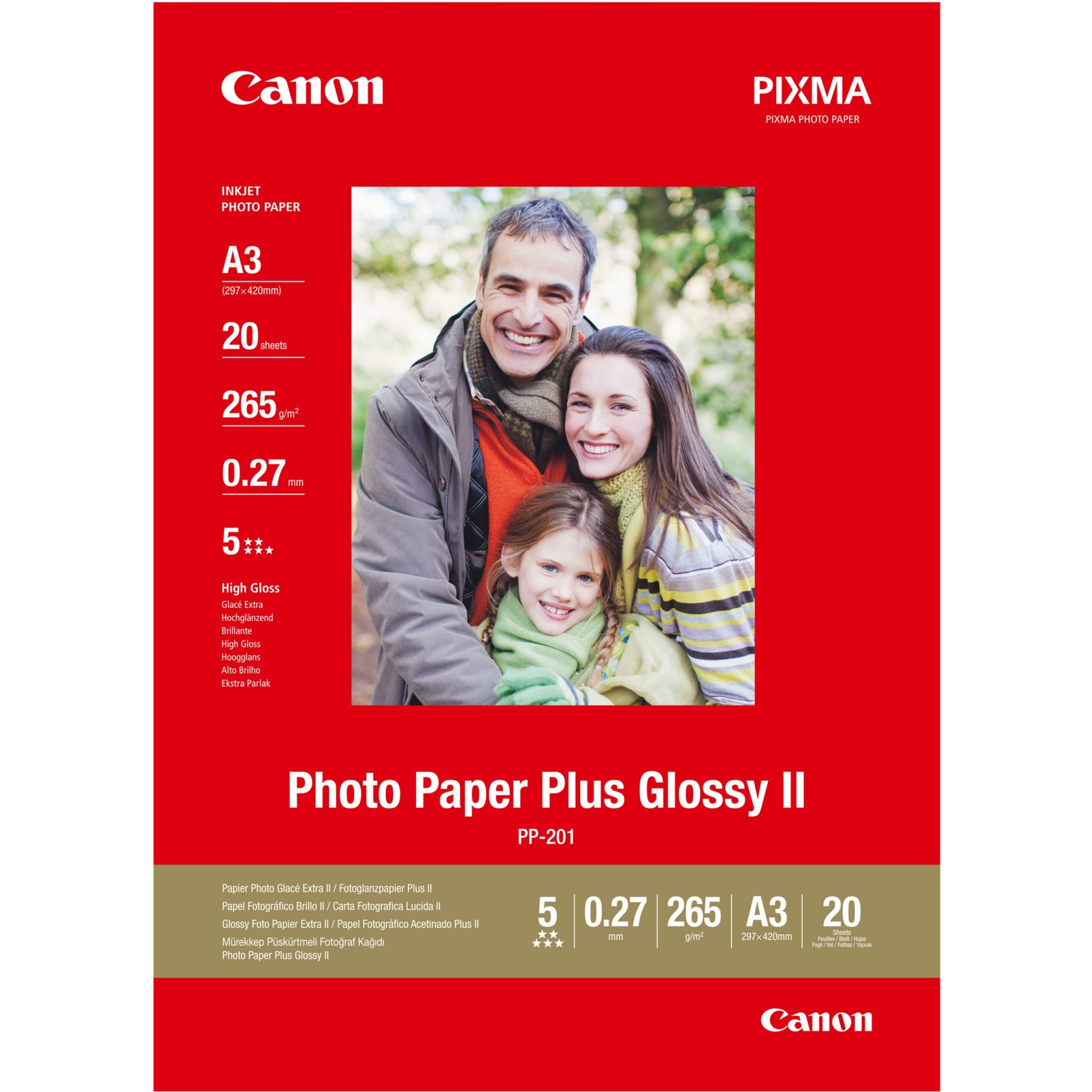 Canon Fotopapier glänzend PP-201 (A3-20 Blatt) Das Fotoglanzpapier Plus II von Canon ist das ideale Fotopapier für Ergebnisse in überragender Qualität mit einem glänzenden Finish. Es sorgt für ein perfektes Finish für den Druck von Digitalfotos und Reproduktionen.