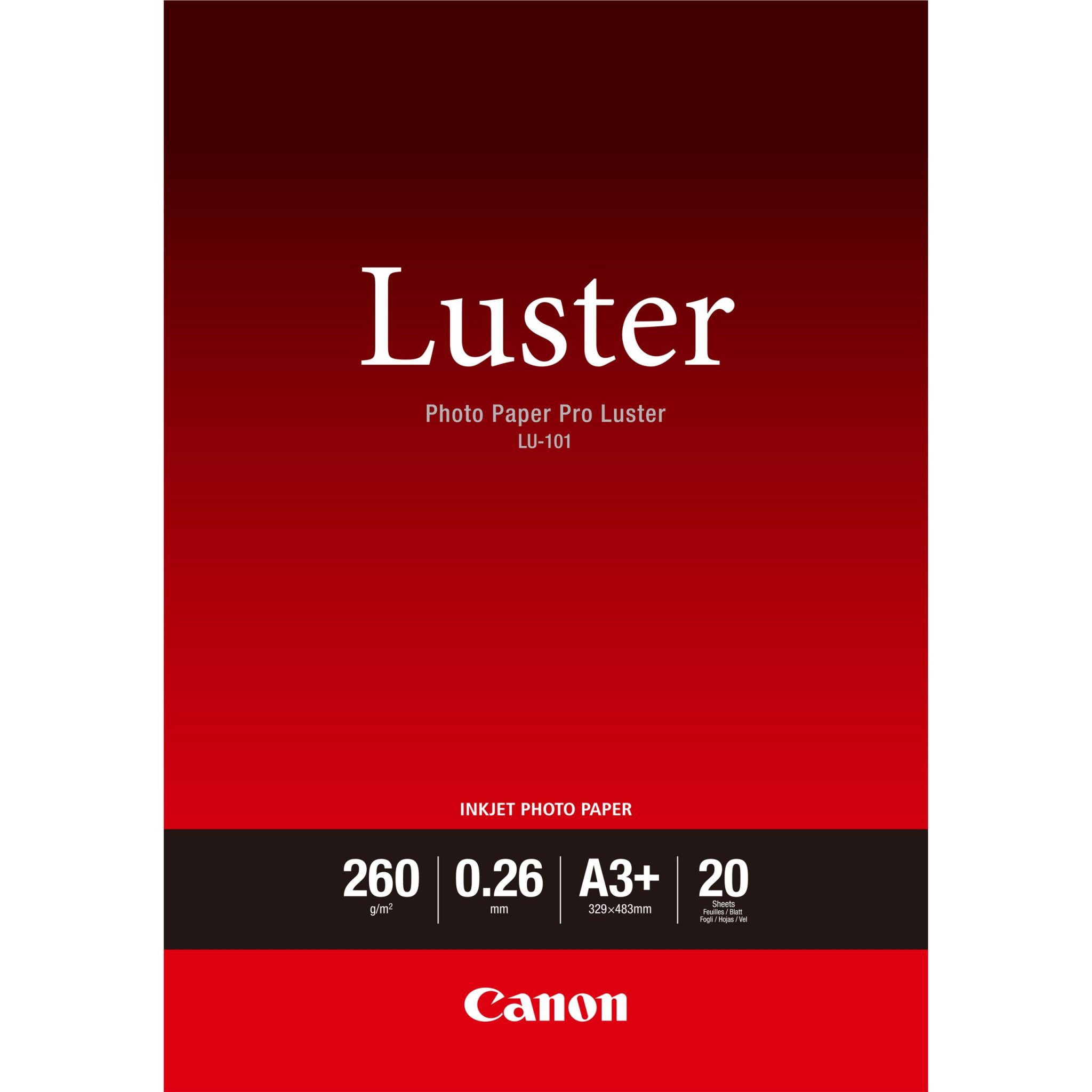 Canon Fotopapier glänzend LU-101 (A3-20 Blatt) Mit dem Professionellen Fotopapier Luster, einem professionellen Fotopapier mit glänzender Struktur, erhalten Sie lebendige Farb- und beeindruckende Schwarzweißdrucke. Damit gelingt Ihnen auch zu Hause ein attraktiver Fotolabor-Look.