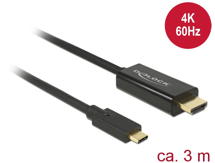 Delock Kabel USB Type-C Stecker > HDMI-A Stecker DP-Alt Mode 4K 60 Hz 3 m schwa Delock Kabel USB Type-C Stecker > HDMI-A Stecker DP-Alt Mode 4K 60 Hz 3 m schwa