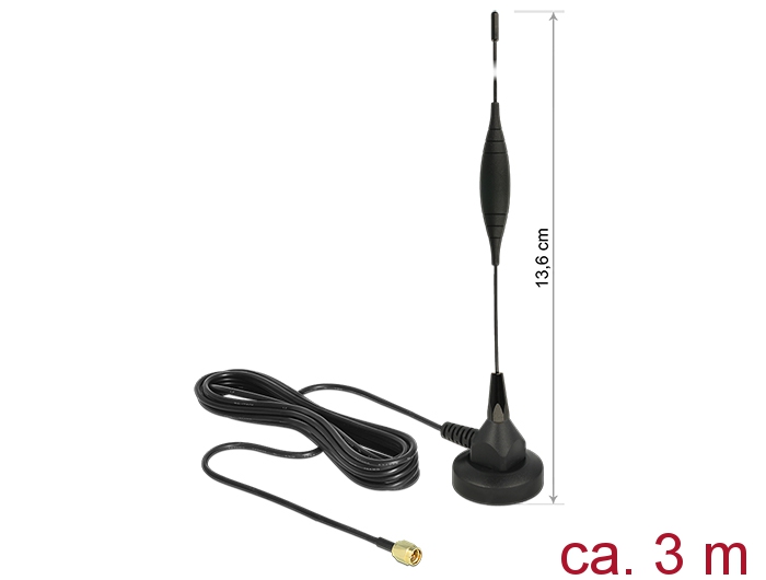 Delock Antenne GSM UMTS SMA 5 dBi omni starr schwarz Standfuß magn. 3 m Delock Antenne GSM UMTS SMA 5 dBi omni starr schwarz Standfuß magn. 3 m