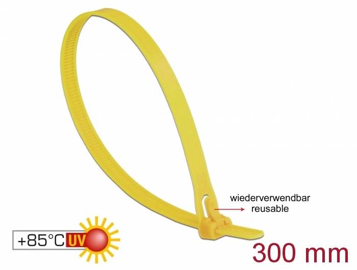 Delock Kabelbinder wiederverwendbar hitzebeständig L 300 x B 7,6 mm gelb Delock Kabelbinder wiederverwendbar hitzebeständig L 300 x B 7,6 mm gelb