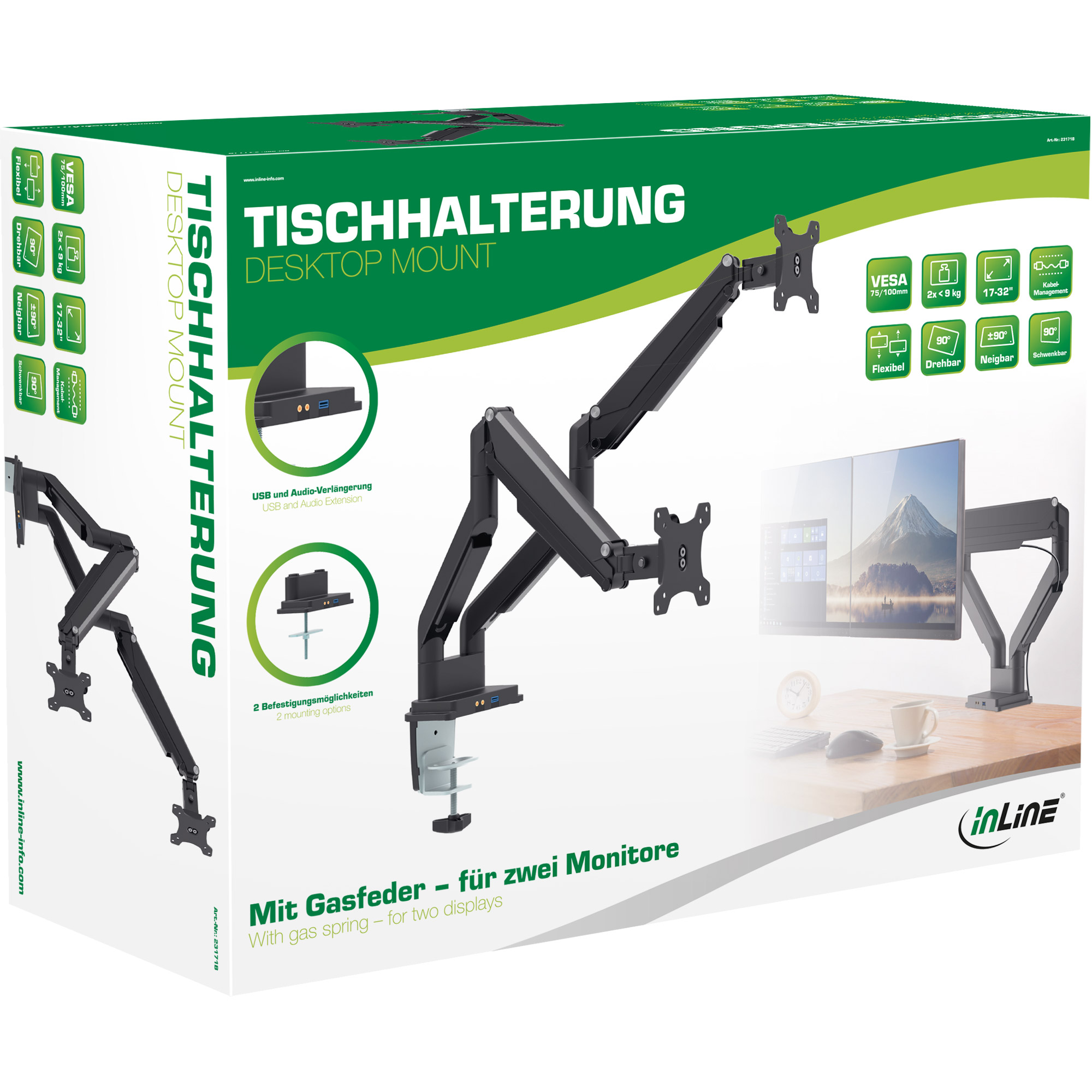 InLine® Tischhalterung mit Lifter und USB/Audio, beweglich, für zwei Monitore bis 81cm (32"), max. 9kg InLine® Tischhalterung mit Lifter und USB/Audio, beweglich, für zwei Monitore bis 81cm (32"), max. 9kg – Bild 3