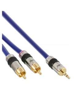 Cinch/Klinke Kabel, PREMIUM, 2x Cinch Stecker an 3,5mm Klinke Stecker, 2m, blau