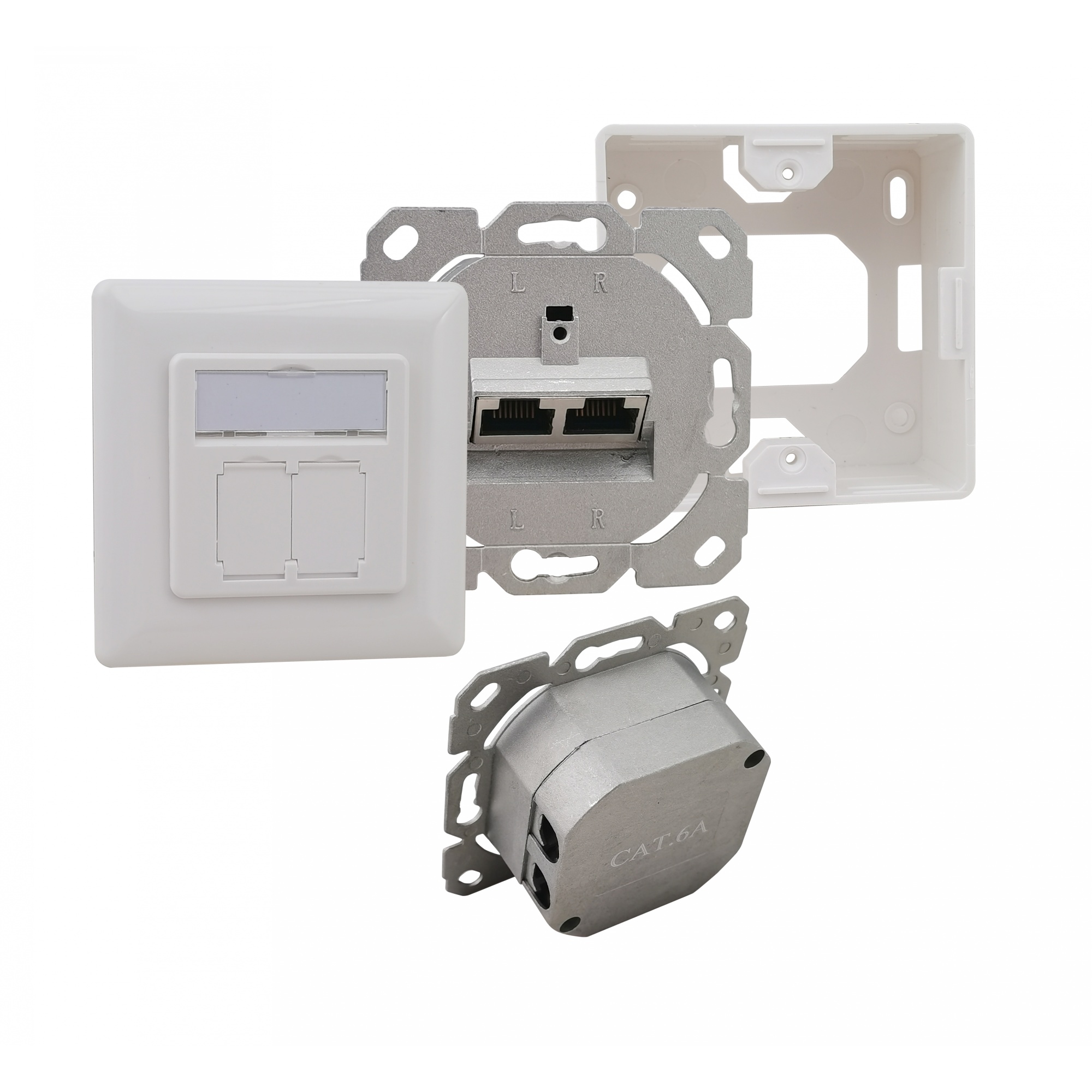 helos Cat.6a LSA Netzwerkdose designfähig UP+AP 2-fach horizontal reinweiß helos Cat.6a LSA Netzwerkdose designfähig UP+AP 2-fach horizontal reinweiß
