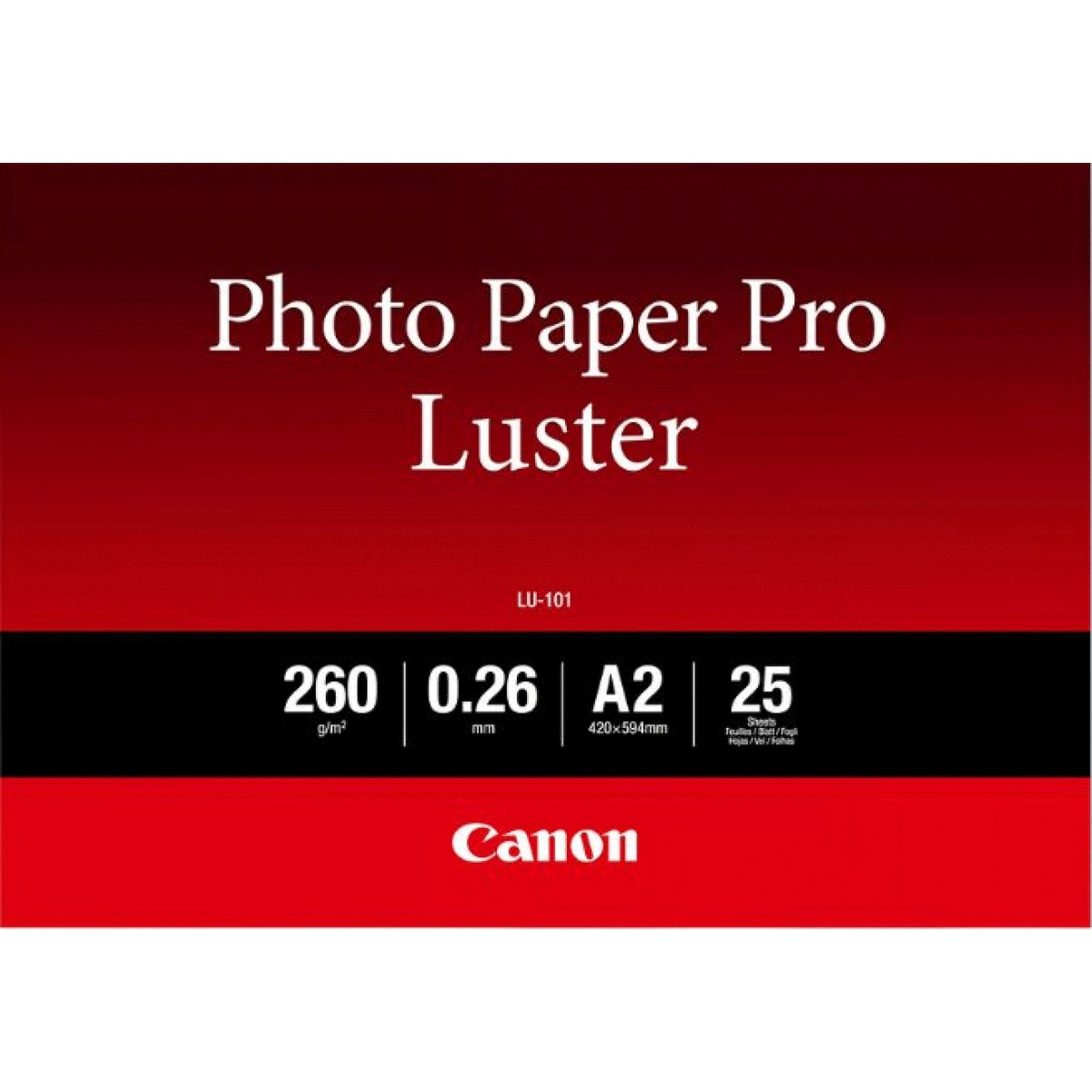 Canon Fotopapier glänzend LU-101 (A2-25 Blatt) Mit dem Professionellen Fotopapier Luster, einem professionellen Fotopapier mit glänzender Struktur, erhalten Sie lebendige Farb- und beeindruckende Schwarzweißdrucke. Damit gelingt Ihnen auch zu Hause ein attraktiver Fotolabor-Look.