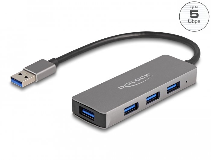 Delock 4 Port USB 3.2 Gen 1 Hub mit USB Typ-A Anschluss 4xTyp-A Buchsen seitlich Delock 4 Port USB 3.2 Gen 1 Hub mit USB Typ-A Anschluss 4xTyp-A Buchsen seitlich