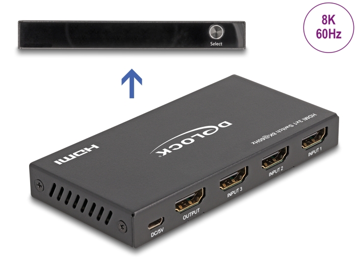 Delock HDMI Switch 3 x HDMI in zu 1 x HDMI out 8K 60 Hz Delock HDMI Switch 3 x HDMI in zu 1 x HDMI out 8K 60 Hz