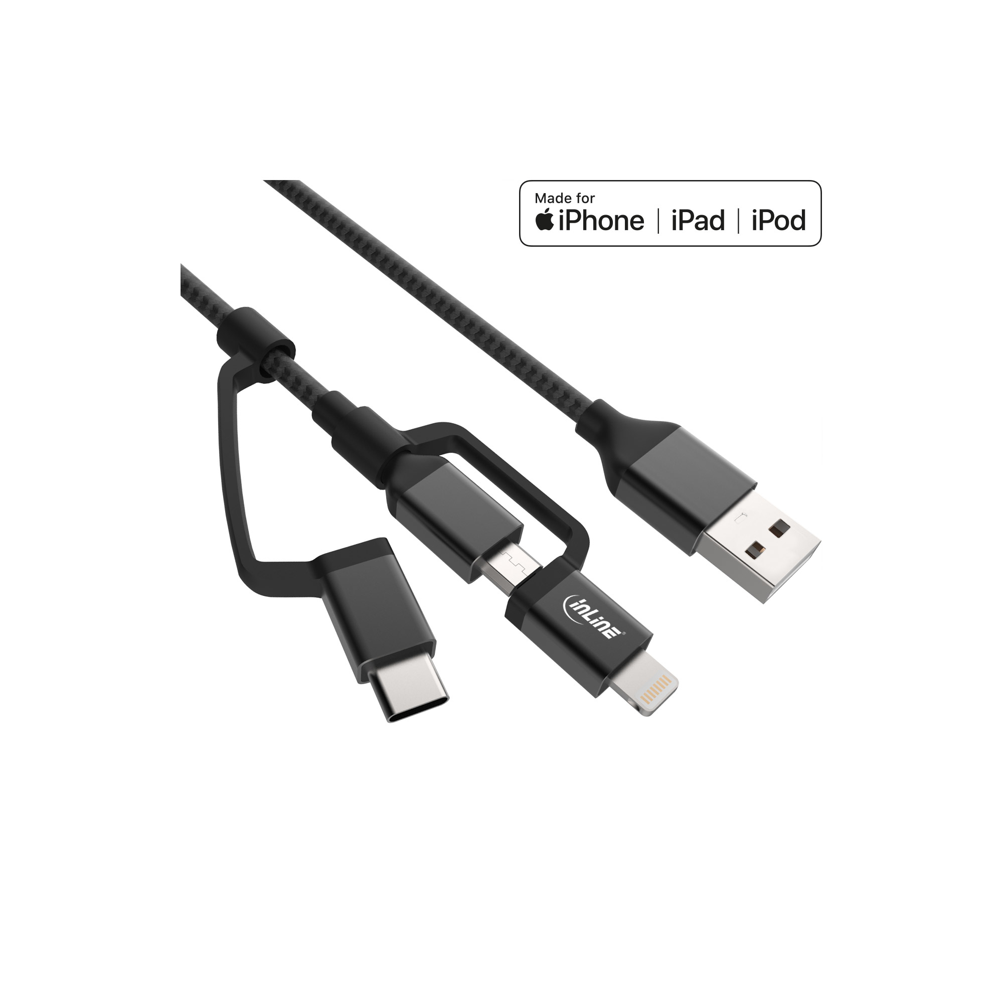 InLine® 3-in1 USB Kabel, Micro-USB, Lightning, USB Typ-C, schwarz/Alu, 1,5m, schwarz InLine® 3-in1 USB Kabel, Micro-USB, Lightning, USB Typ-C, schwarz/Alu, 1,5m, schwarz