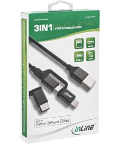 Alternative view of InLine® 3-in1 USB Kabel, Micro-USB, Lightning, USB Typ-C, schwarz/Alu, 1,5m, schwarz