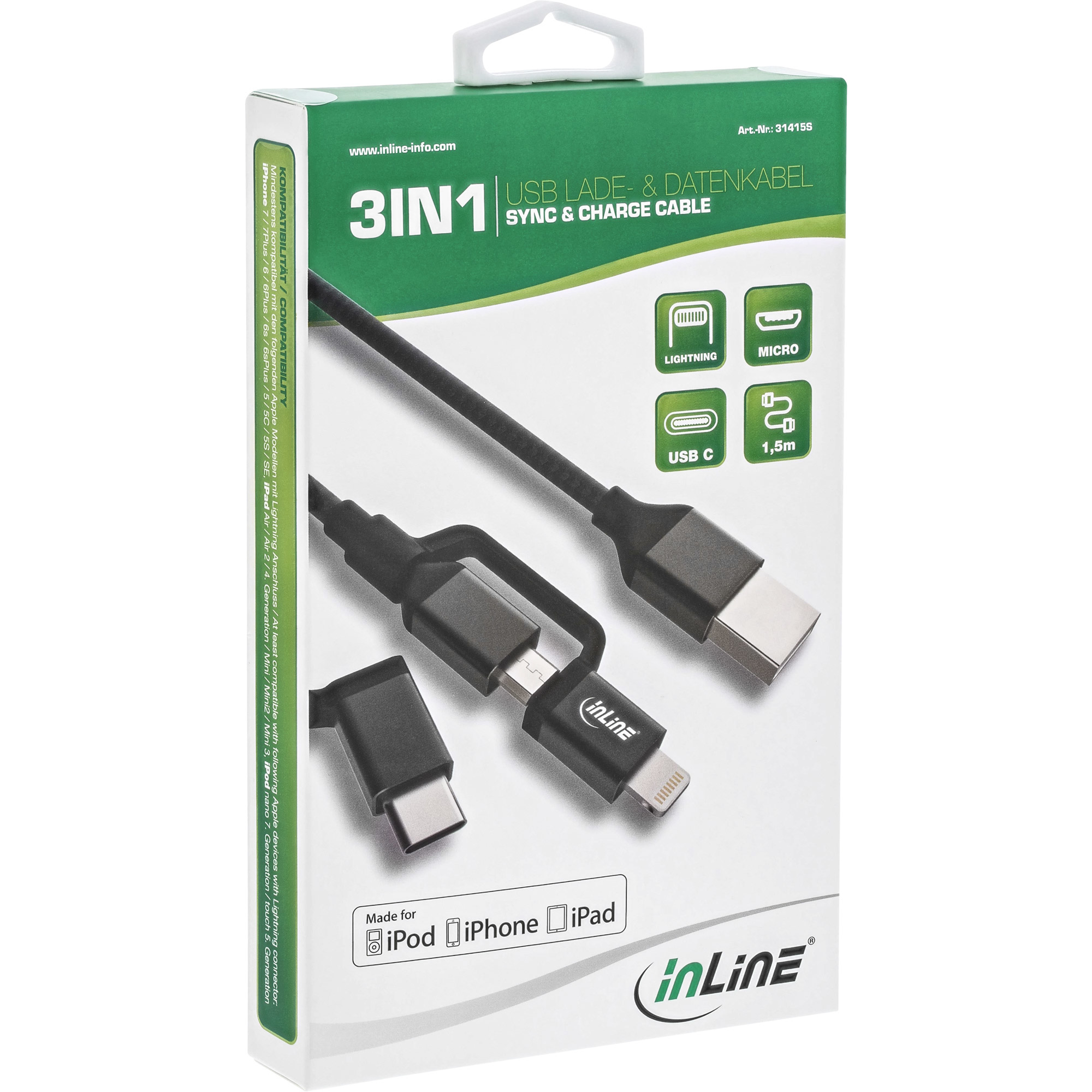 InLine® 3-in1 USB Kabel, Micro-USB, Lightning, USB Typ-C, schwarz/Alu, 1,5m, schwarz InLine® 3-in1 USB Kabel, Micro-USB, Lightning, USB Typ-C, schwarz/Alu, 1,5m, schwarz – Bild 2