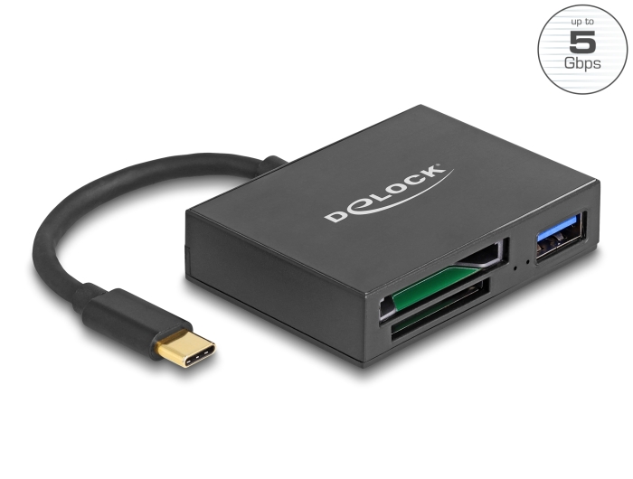 Delock USB-C Card Reader für XQD und SD Speicherkarten + USB 5 Gbps Typ-A Port Delock USB-C Card Reader für XQD und SD Speicherkarten + USB 5 Gbps Typ-A Port