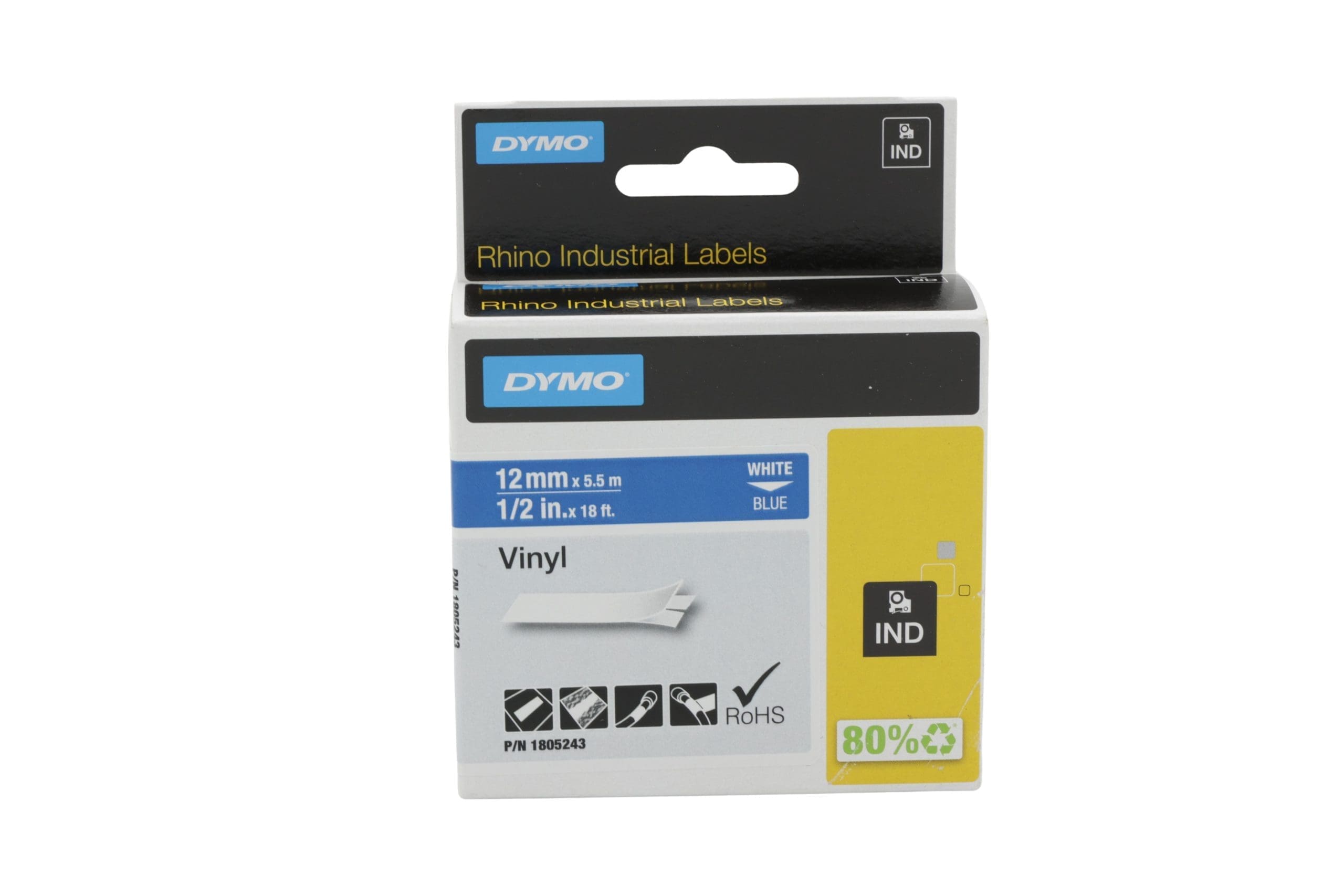 Dymo Rhino-Industrie-Vinyletiketten, 12 mm x 5,5 m, weiß auf blau Dymo Rhino-Industrie-Vinyletiketten, 12 mm x 5,5 m, weiß auf blau