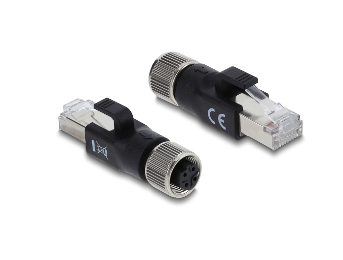 Delock M12 Adapter D-kodiert 4 Pin Buchse zu RJ45 Stecker schwarz Delock M12 Adapter D-kodiert 4 Pin Buchse zu RJ45 Stecker schwarz
