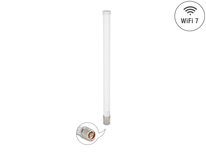 Delock WiFi 7 Antenne N Stecker 4,5 - 6,6 dBi 32 cm starr outdoor weiß Delock WiFi 7 Antenne N Stecker 4,5 - 6,6 dBi 32 cm starr outdoor weiß