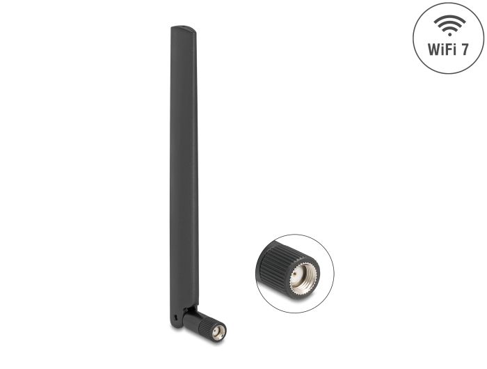 Delock WiFi 7 Antenne RP-SMA Stecker 2,0 - 4,4 dBi 17 cm mit Kippgelenk schwarz Delock WiFi 7 Antenne RP-SMA Stecker 2,0 - 4,4 dBi 17 cm mit Kippgelenk schwarz