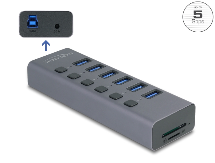 Delock Externer USB 5 Gbps 6 Port Hub mit Schalter und SD / Micro SD Slot Delock Externer USB 5 Gbps 6 Port Hub mit Schalter und SD / Micro SD Slot