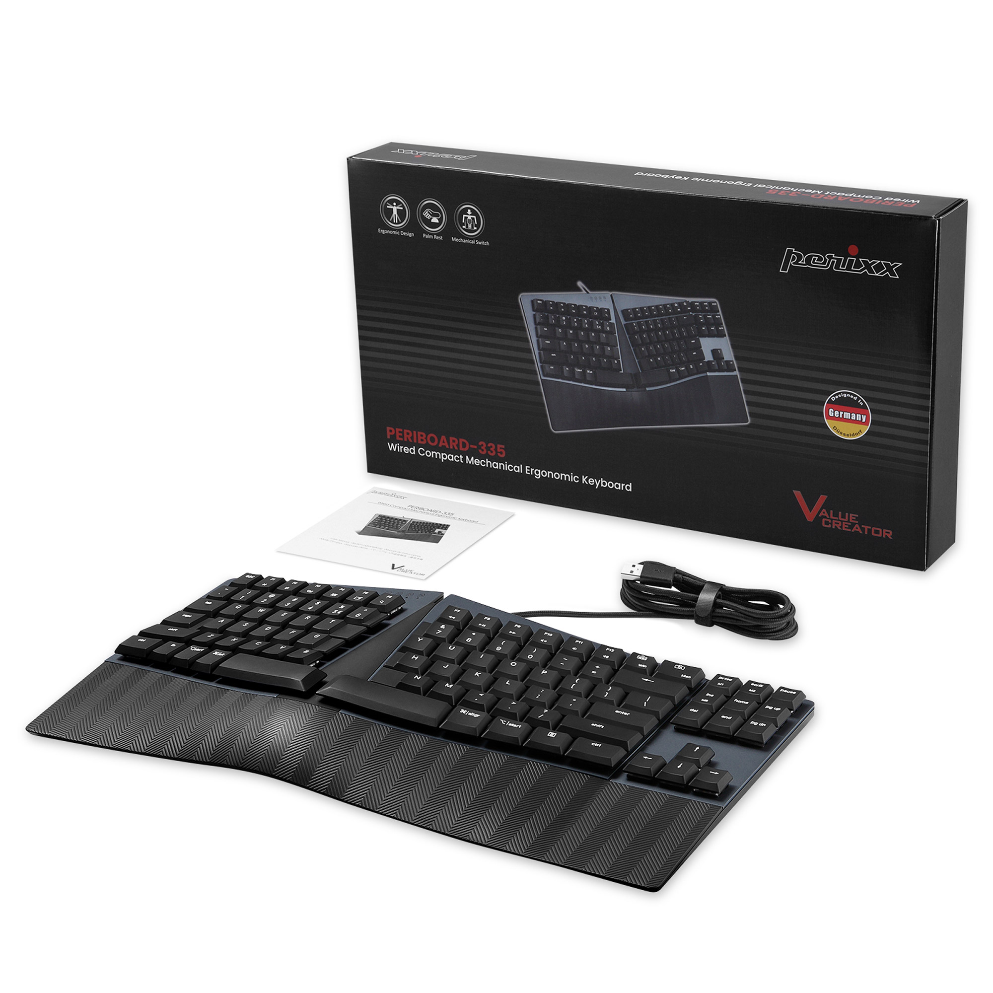 Perixx PERIBOARD-335 DE BL, Kabelgebundene ergonomische mechanische kompakte Tastatur - flache blaue Klickschalter Perixx PERIBOARD-335 DE BL, Kabelgebundene ergonomische mechanische kompakte Tastatur - flache blaue Klickschalter – Bild 4