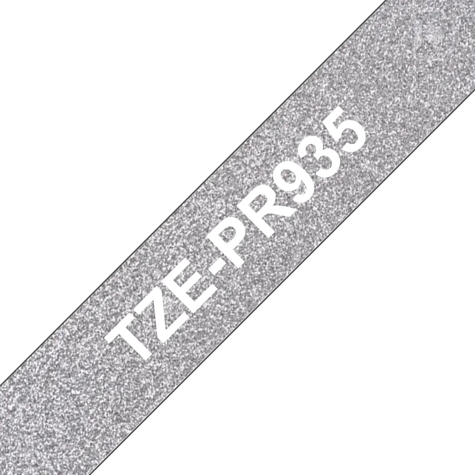 Premium Schriftband TZe-PR935 (lam.) Weiß auf Silber 12mm Premium Schriftband TZe-PR935 (lam.) Weiß auf Silber 12mm