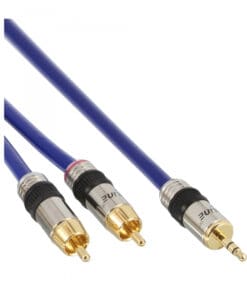 Cinch/Klinke Kabel, PREMIUM, 2x Cinch Stecker an 3,5mm Klinke Stecker, 5m, blau