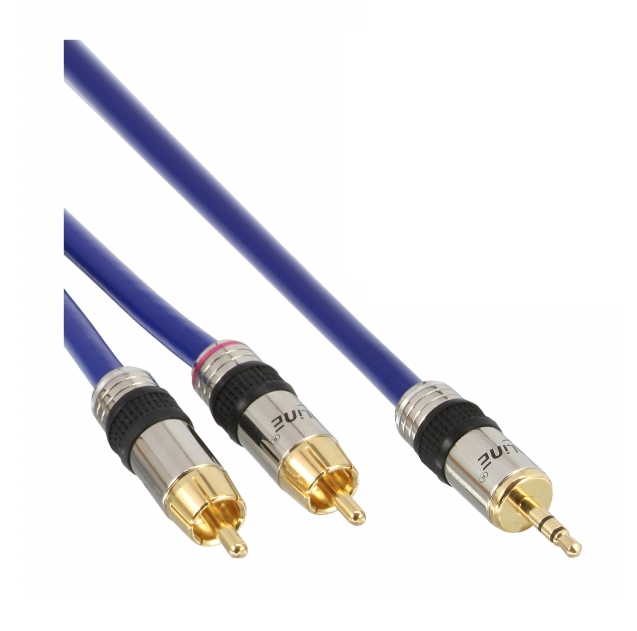 Cinch/Klinke Kabel, PREMIUM, 2x Cinch Stecker an 3,5mm Klinke Stecker, 5m, blau Cinch/Klinke Kabel, PREMIUM, 2x Cinch Stecker an 3,5mm Klinke Stecker, 5m, blau