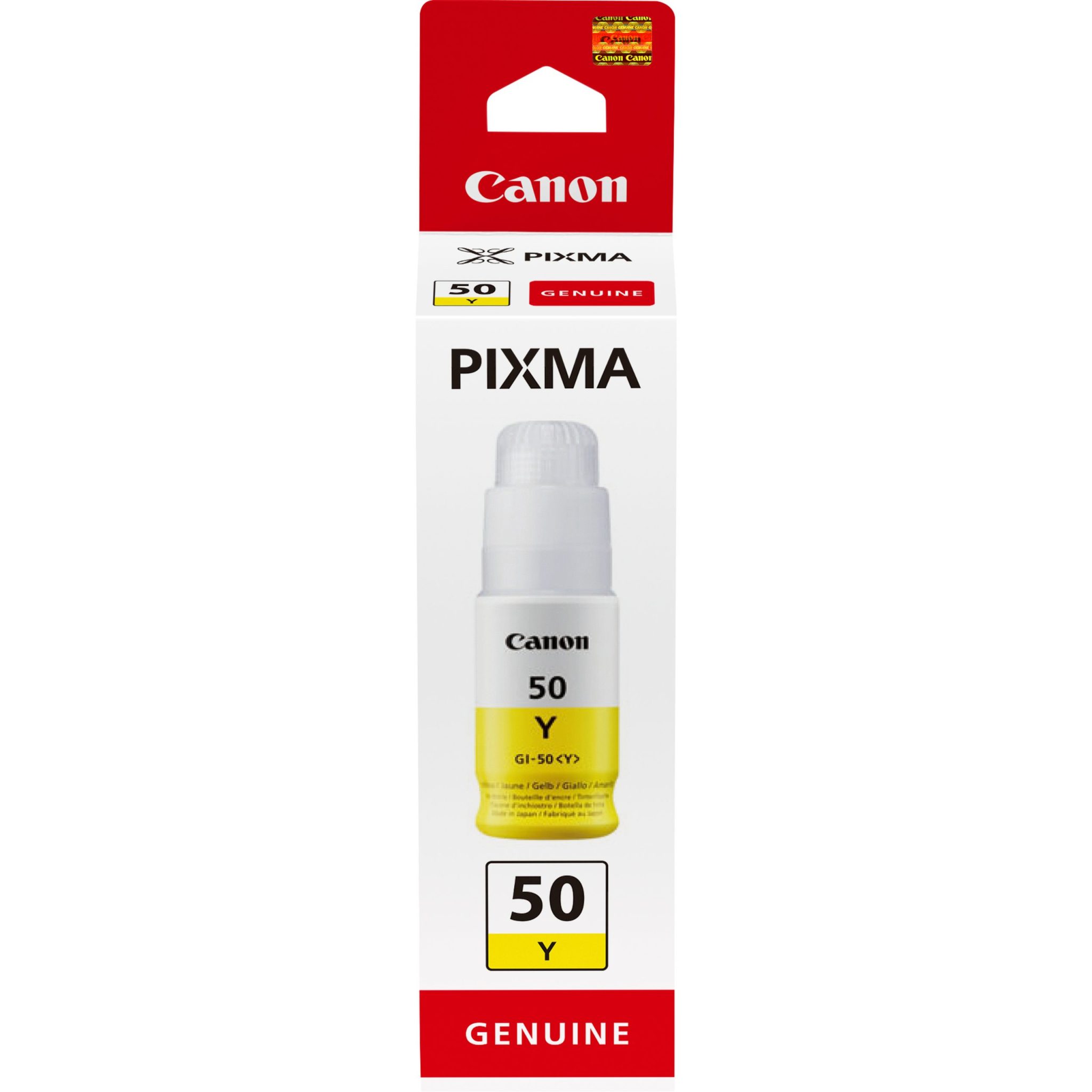 Canon Tintenflasche GI-50 Y Gelb (70ml) Die Tinte mit hoher Reichweite senkt die Druckkosten pro Seite und reduziert die Abstände zwischen dem Nachfüllen. Mit nur einer einzigen Flasche schwarzer Tinte kannst du bis zu 6.000 Seiten¹ drucken – ideal für alle, die viel drucken und hochwertige Ergebnisse mit gestochen scharfem Dokumententext erzielen wollen. Tinte einfach und problemlos nachfüllen, ohne dass etwas daneben geht: Dafür sorgen die optimierte Tintenflasche mit dem quetschfreien Design sowie der robuste, aufklappbare Verschluss.
