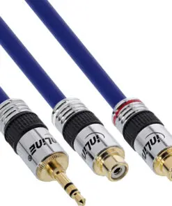InLine® Cinch/Klinke Kabel, PREMIUM, 2x Cinch Buchse an 3,5mm Klinke Stecker, 0,25m, blau