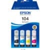 Epson Tintenflaschen Multipack 104 (4 Farben) Senken Sie Ihre Druckkosten<br>Epson bietet Standard- und XL-Tintenpatronen. So können Sie die Größe wählen, die am besten zu Ihrem Druckbedarf passt. XL-Tinten eignen sich Ideal für das Drucken großer Auflagen und können dabei noch zu einer Verringerung Ihrer Druckkosten beitragen. Bei beiden Größen sind die Farben einzeln erhältlich, sodass nur die jeweils aufgebrauchte Tinte ersetzt werden muss. Das bedeutet weniger Abfall und höheren Mehrwert.<br><br>Die Produktreihe<br>Das Epson Claria Premium-Tintenset mit fünf Farben ist wie für Sie gemacht, wenn Sie zu Hause die Vorteile zweier Welten verbinden wollen – den Druck hochwertiger Dokumente und den herausragender Hochglanzfotos. Es kombiniert Pigment- und Farbstofftinten mit dem zusätzlichen Vorteil einer Photo Black-Tinte. So können Sie sowohl dauerhafte Textdokumente als auch hochwertige Fotos drucken. Darüber hinaus können mit dieser Tinte gedruckte Fotos im Fotoalbum bis zu 300 Jahre überdauern1. So bleiben Ihre wertvollen Erinnerungen über Generationen erhalten.<br><br>Für Epson Drucker optimiert<br>Tinten und Papiere von Epson werden speziell zur Verwendung mit Druckern von Epson entwickelt und liefern stets optimale Ergebnisse. <br><br>Originalartikel<br>Genießen Sie unkompliziertes und zuverlässiges Drucken mit Epson Original Tinten. Wir investieren in umfangreiche Forschung, High-Tech-Fertigungsanlagen und unterziehen unsere Produkte strengen Tests, um Ihnen die bestmögliche Qualität zu bieten.