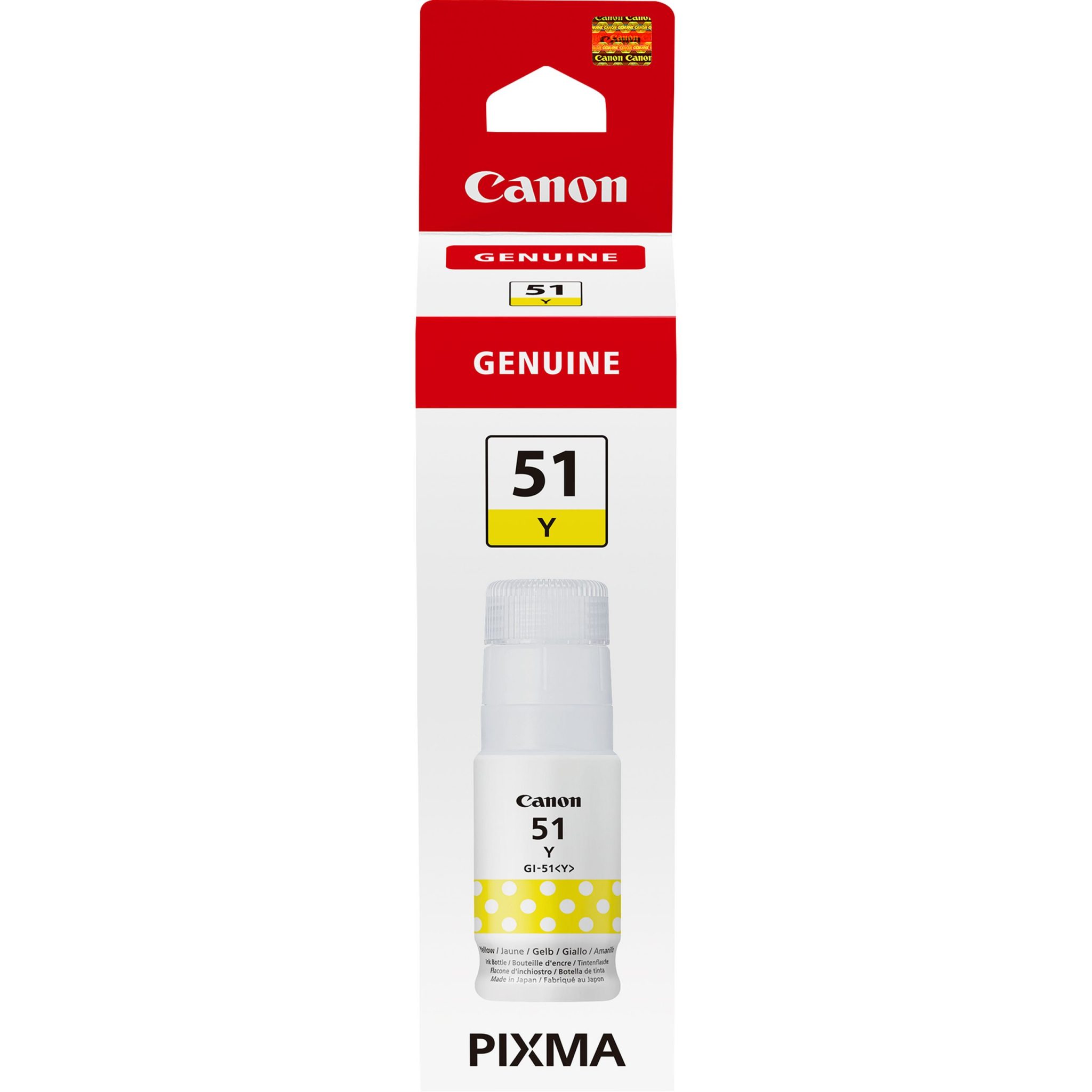 Canon Tintenflasche GI-51 Gelb (70ml) Mit der modernen Flasche füllst du den Tintenbehälter deines Druckers ganz einfach auf. Das quetschfreie Design mit robuster, aufklappbarer Kappe sorgt für ein sauberes Nachfüllen und reduziert das Risiko einer Überfüllung. Die speziell entwickelte Tinte mit hoher Reichweite trägt auch dazu bei, die Druckkosten pro Seite zu senken und gleichzeitig die Abstände zwischen den Nachfüllvorgängen zu verlängern. Du kannst bis zu 7.700 Seiten¹ mit einer vollständigen CMY-Tinte drucken – ideal für diejenigen mit hohen Druckanforderungen.