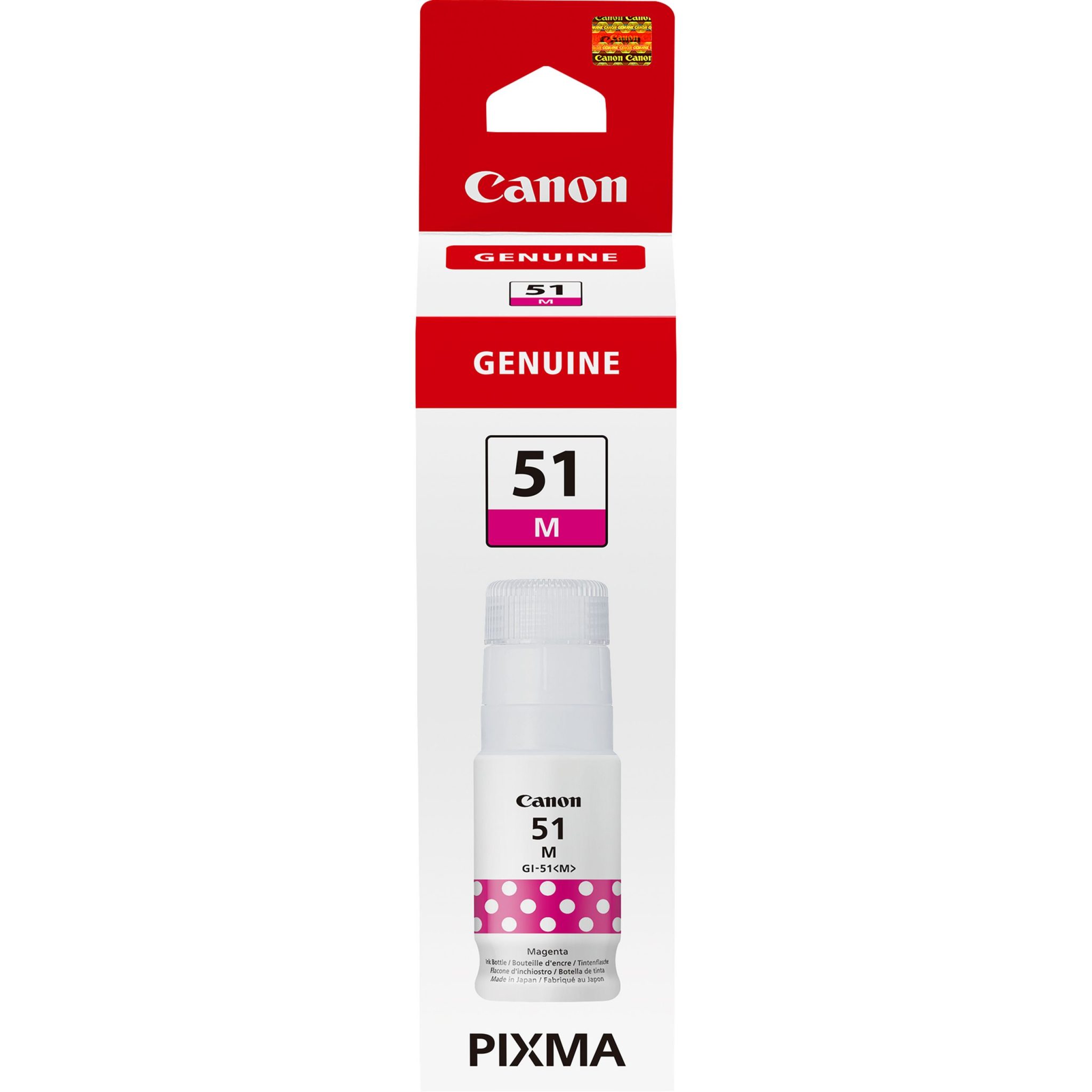 Canon Tintenflasche GI-51 M Magenta (70ml) Die ergiebige Tinte senkt die Druckkosten pro Seite und reduziert die Abstände zwischen dem Nachfüllen. Mit einem Farbtinten-Nachfüllset können bis zu 7.700 Seiten¹ gedruckt werden. Ideal für alle, die viel drucken und hochwertige Ergebnisse mit gestochen scharfen Dokumenten und lebendigen Fotos erzielen möchten. Das innovative, quetschfreie Design der optimierten Flasche verhindert auch das Verschwenden und Verschütten der Tinte. Die speziell geformte Einfüllöffnung der Flasche passt nur auf den entsprechenden Nachfüllbehälter – so kann die Tinte nicht versehentlich vertauscht werden.
