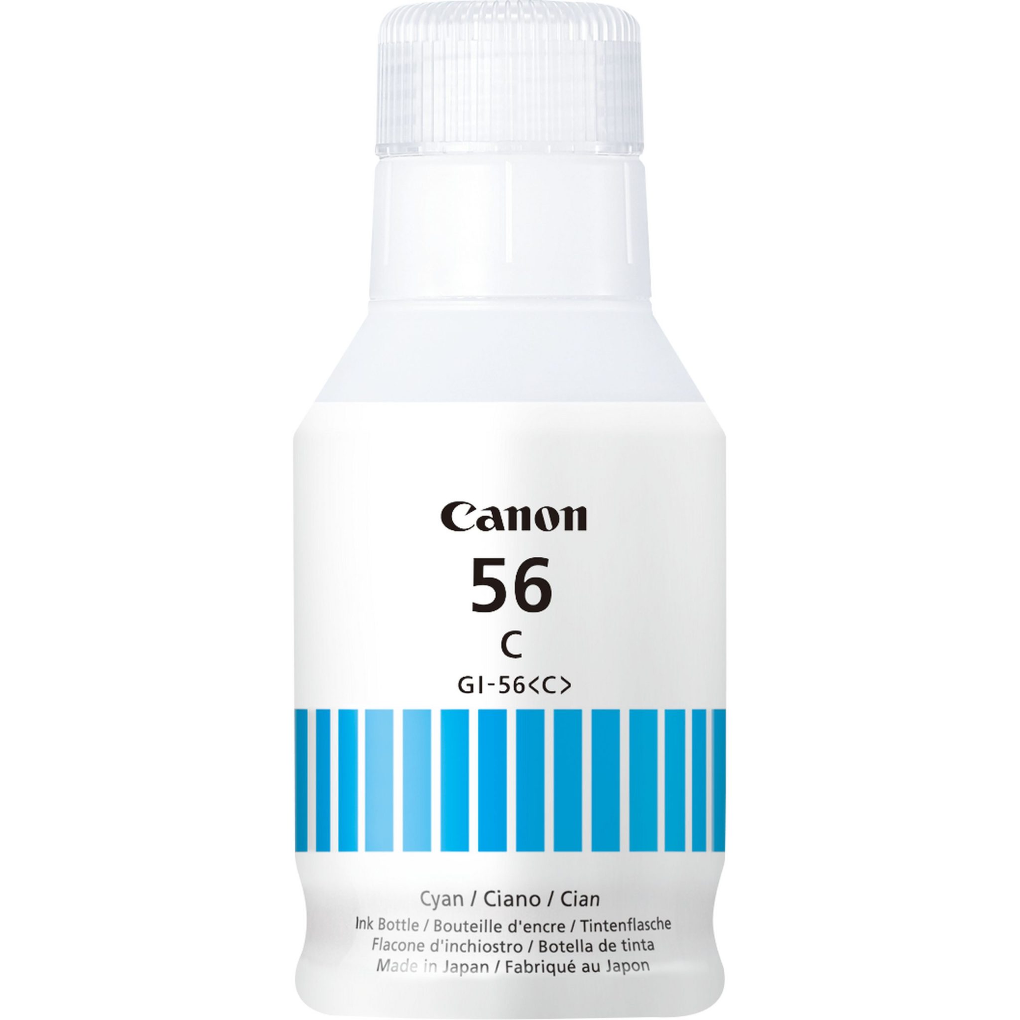 Canon Tintenflasche GI-56 Cyan (135ml) Die Canon GI-55Y Tintenflasche Gelb liefert hochwertige gelbe Tinte für den Druck von Geschäftsdokumenten und Fotos zu Hause und bei der Arbeit. Bei Verwendung mit einem kompletten Set farbiger Pigmenttinten sparst du Geld, da sie eine Reichweite von bis zu 3.000 Seiten¹ haben (bis zu 4.500 Seiten im Sparsam-Modus²), so kannst du auf Dauer Geld sparen. Außerdem profitiert die Tinte von der neuen Bildverarbeitung, sodass deine Dokumente schärfer aussehen und langlebiger sind.<br><br>- Verwende die GI-55Y 40-ml-Tintenflasche Gelb mit einem kompletten Farbtintenset für eine Reichweite von bis zu 3.000 Seiten¹ (4.500 im Sparsam-Modus²).<br>- Dank des Designs der Flasche wird beim Nachfüllen des Druckers jeder Tropfen genutzt, sodass du keine benutzten Flaschen zur weiteren Verwendung aufbewahren musst.<br>- Die neue Bildverarbeitung sorgt für scharfe und langlebige Dokumentendrucke.<br>- Alle zurückgegebenen Tintenflaschen und Tintenpatronen und jede Toner-Cartridge werden wiederverwendet oder recycelt. Das ist kostenlos, einfach und umweltfreundlich.<br><br>Original Verbrauchsmaterialien<br>Original Canon Verbrauchsmaterialien sind einfach besser – sie sorgen dafür, dass dein Canon Drucker immer beste Ergebnisse liefert und bieten dabei ein gutes Preis-Leistungsverhältnis. <br><br>Erlebe eindrucksvolle und langlebige Drucke mit original Canon Tinten – Tinten, denen du vertrauen kannst, dass sie in perfekter Harmonie mit deinem Drucker arbeiten.