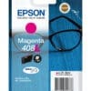 Epson Tintenpatrone 408L Magenta (21,6ml) Niedrigere Druckkosten dank XL-Tintenpatronen<br>Profitieren Sie von den kosteneffizienten DURABrite Ultra-Tintenpatronen. Da es sich um separate Einzelpatronen handelt, muss immer nur die verbrauchte Farbe ersetzt werden. Das spart Geld. Mit den XL-Tintenpatronen drucken Sie bis zu 1.100 Seiten in Schwarzweiß und 1.100 Seiten in Farbe1. Für DIN A3-Druckermodelle ist auch eine schwarze Patrone in XXL-Größe erhältlich – für den Druck von bis zu 2.200 Seiten in Schwarzweiß1.<br><br>Entdecken Sie die Serie<br>Unsere DURABrite Ultra-Tinte liefert gestochen scharfe und langlebige Dokumente, die wisch- und wasserfest sind und sofort mit einem Textmarker bearbeitet werden können.<br><br>Für Epson Drucker optimiert<br>Tinten und Papiere von Epson werden speziell zur Verwendung mit Druckern von Epson entwickelt und liefern stets optimale Ergebnisse.<br><br>Vertrauen Sie dem Original<br>Genießen Sie einfaches und zuverlässiges Drucken mit Epson Original Tinten. Wir investieren viel in Forschung sowie Hightech-Fertigungsanlagen und unterziehen unsere Produkte strengen Tests, um Ihnen eine optimale Qualität zu bieten.