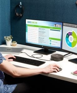 HP USB-C Dockingstation G5 100W Seien Sie mit nur einem Kabel schnell einsatzbereit und verbinden Sie Ihr USB-C-fähiges Notebook mit Ihren Displays, Geräten und kabelgebundenen Netzwerken mit der vielseitigen, eleganten und platzsparenden HP USB-C-Dockingstation G5.